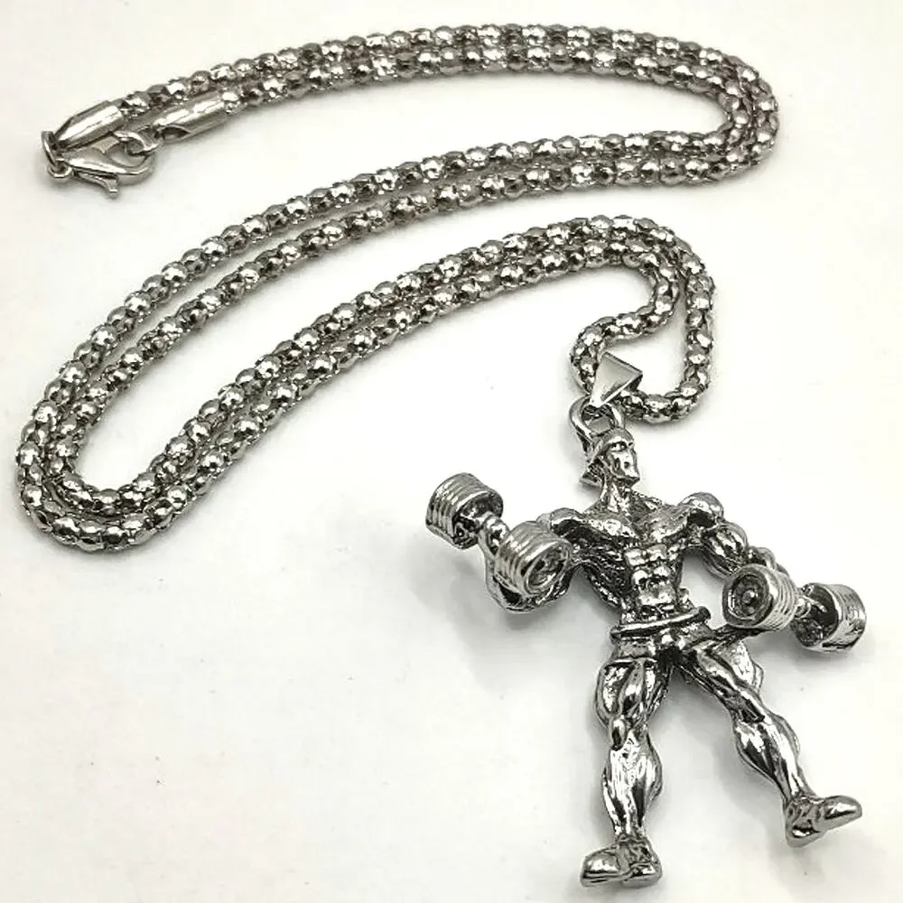 Stainless Bodybuilder Necklace Fitness Dumbbell Gym Bro Weightlifter Fashion NEW